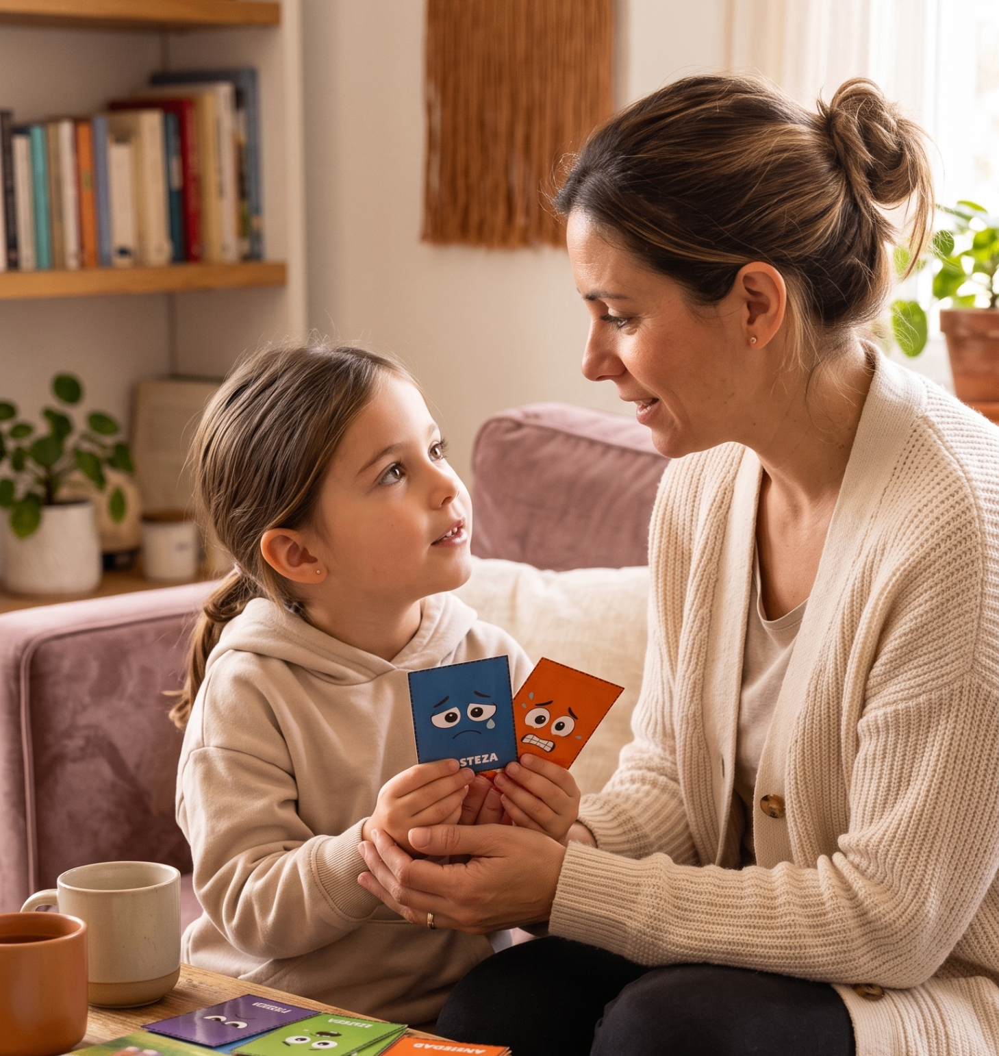 Madre e hija sonriendo mientras juegan con cartas de emociones