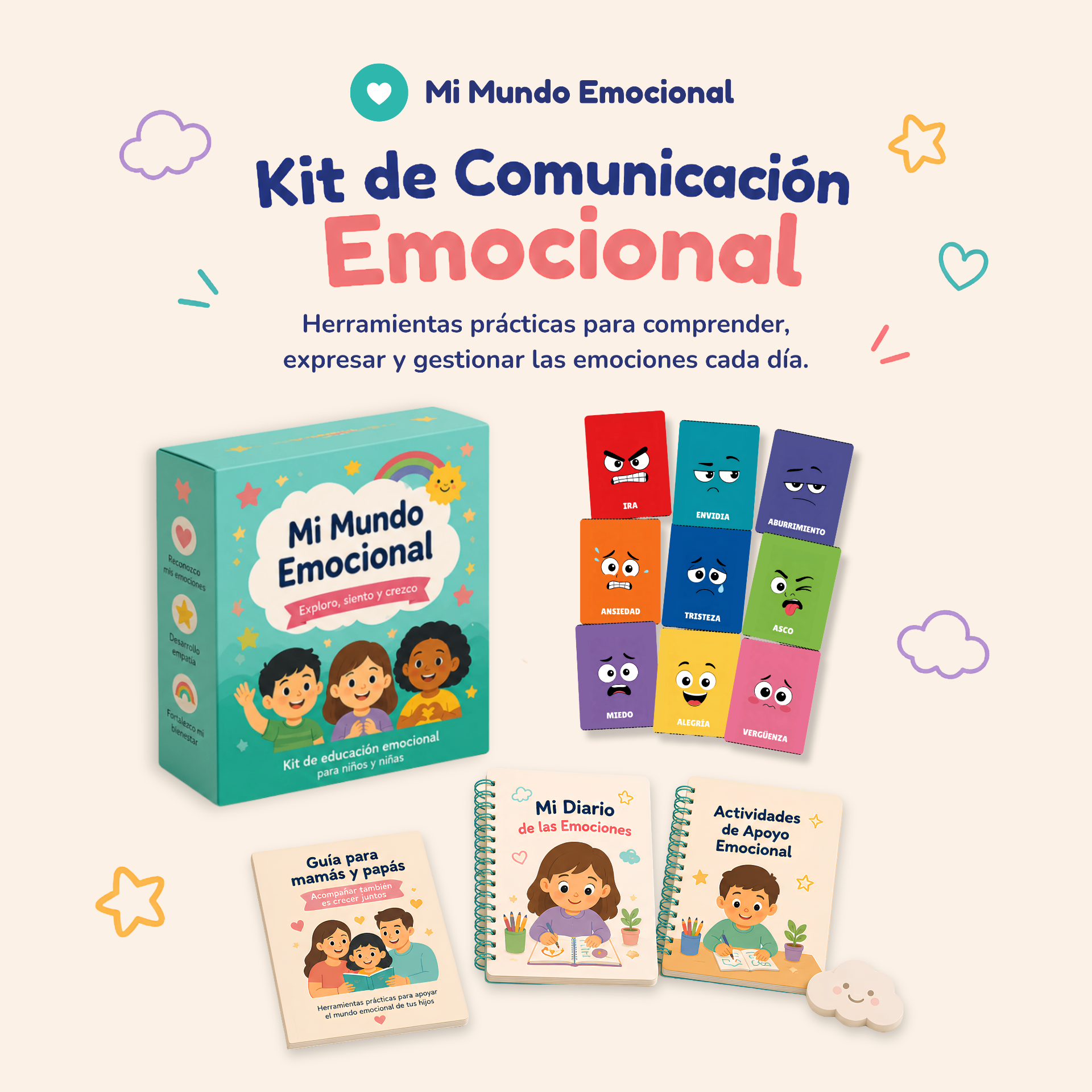 Kit Mi Mundo Emocional con caja, cartas, diario y guía